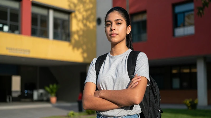 Estudiante mexicano, foto dinámica en campus moderno