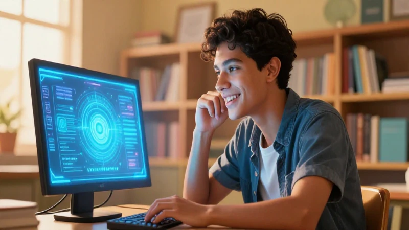 Estudiante sonriente mira pantalla digital brillante
