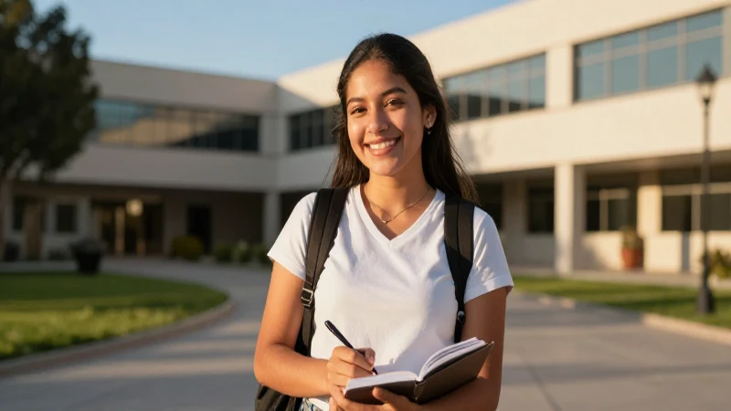 Estudiante mexicana feliz en campus iluminado