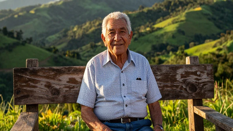 Abuela mexicana sonríe frente al valle al atardecer