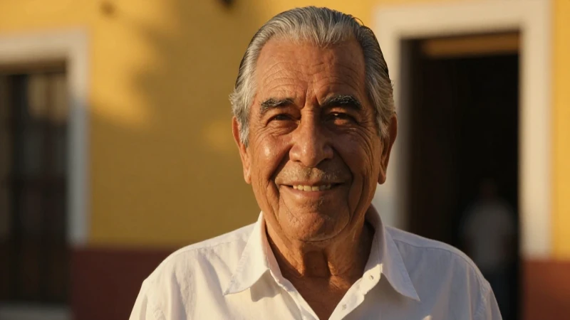 Retrato cinematográfico de anciano mexicano sonriente al atardecer