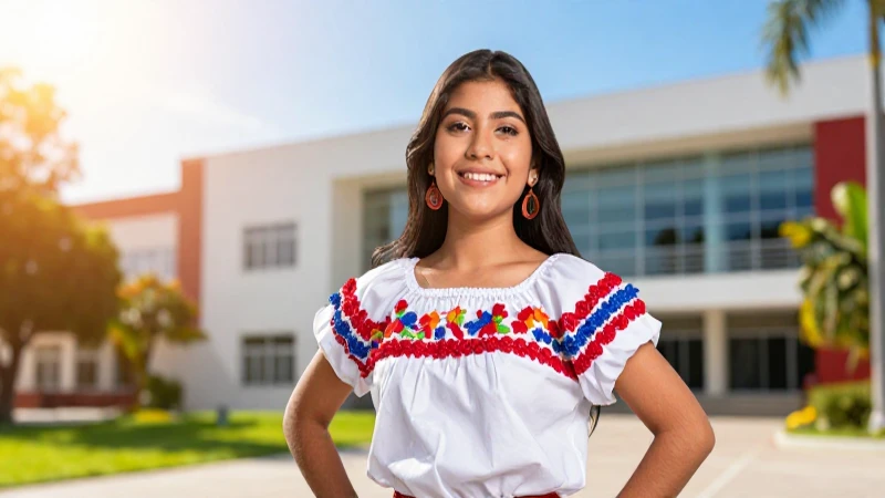 Estudiante mexicano brillante en campus moderno
