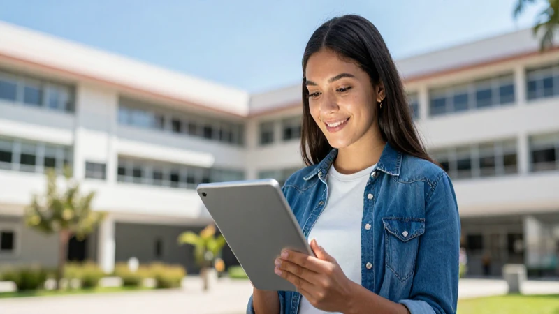 Estudiante optimista mira tablet en campus moderno