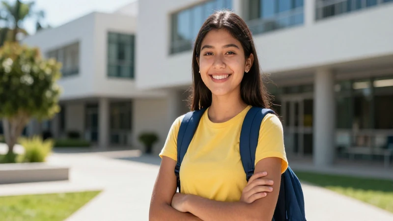 Estudiante mexicana vibrante en campus soleado