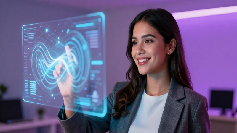 Joven mexicana sonríe ante interfaz digital abstracta