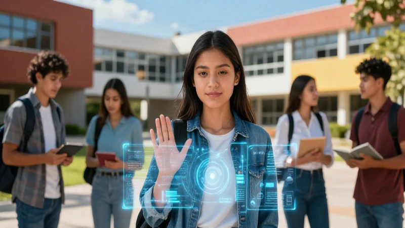 Estudiante mexicano con interfaz digital en campus vibrante