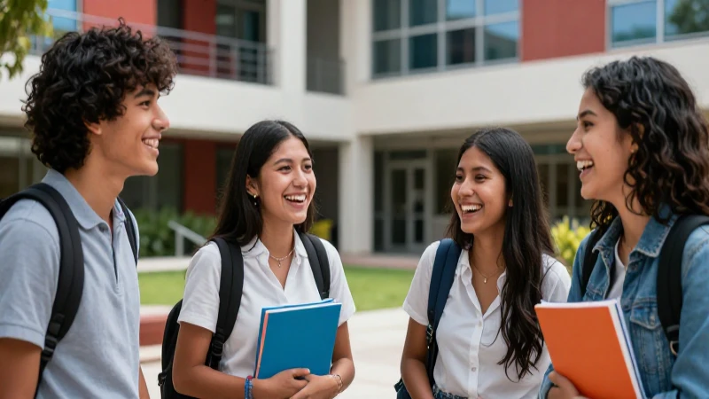 Estudiantes mexicanos riendo en campus moderno