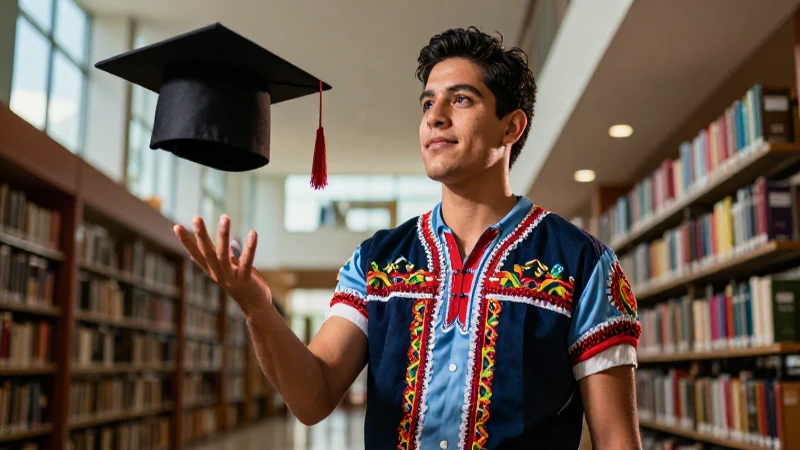 Estudiante universitario mexicano exitoso con atmósfera dramática