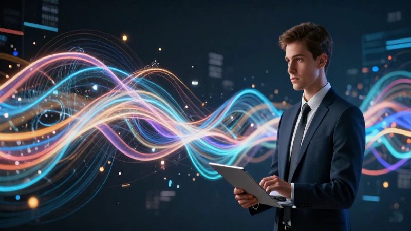 Profesional digital con flujos de datos vibrantes
