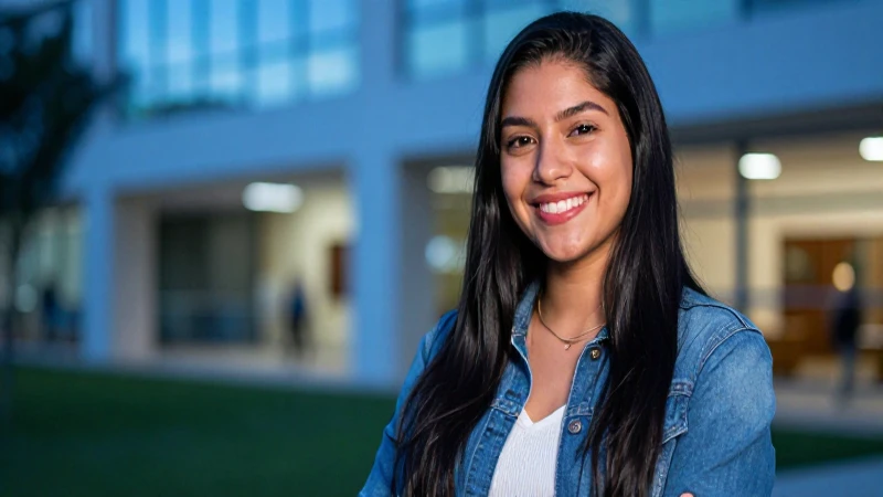 Estudiante mexicano sonriente en campus moderno