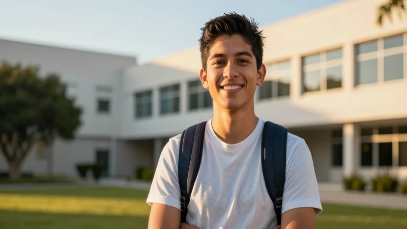 Joven mexicano sonriente en campus moderno