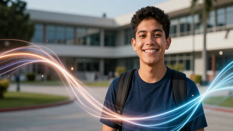 Joven mexicana sonríe bajo luces digitales vibrantes
