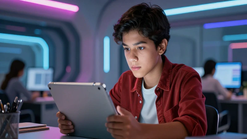 Estudiante mexicano futurista estudiando con tablet