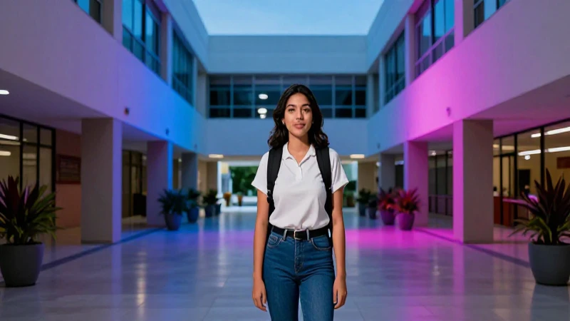 Estudiante mexicano en campus moderno y vibrante