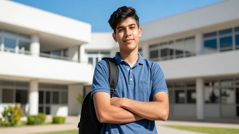 Joven estudiante mexicano en campus moderno