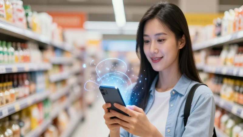Comprador digital en supermercado con estética futurista