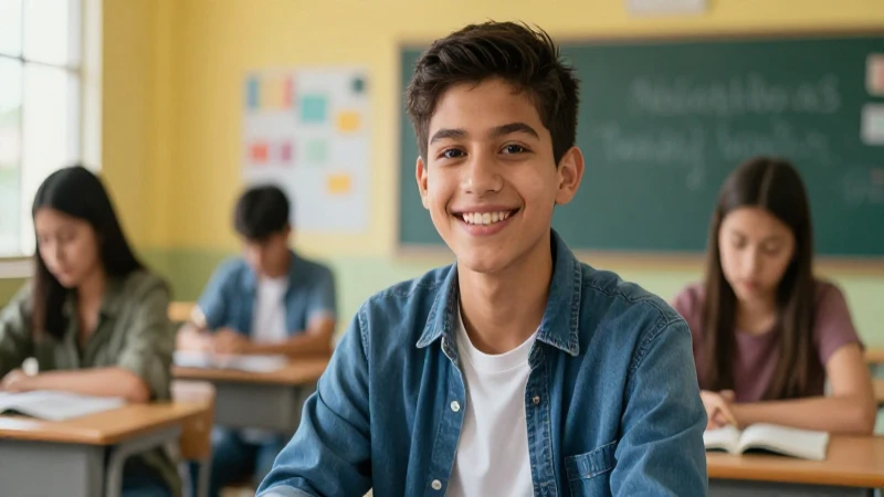 Estudiante mexicano sonríe en aula moderna