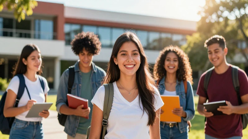 Estudiante mexicano sonriente en moderno campus vibrante
