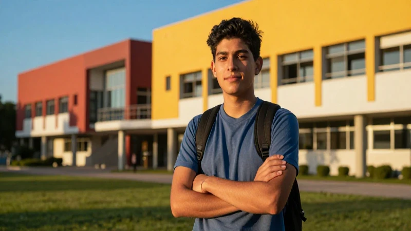 Estudiante mexicano sonriendo en el campus al atardecer