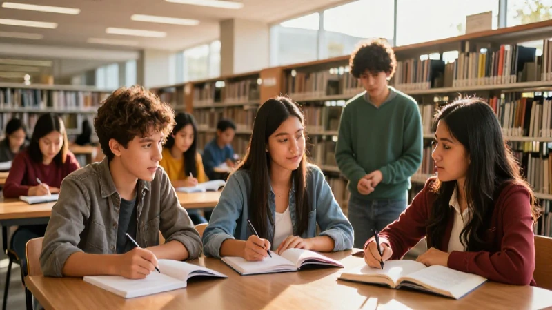 Estudiantes mexicanos en biblioteca moderna