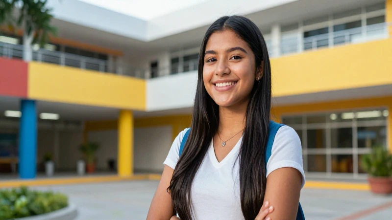 Estudiante mexicano sonriendo en campus moderno