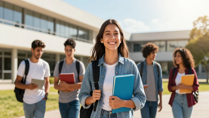 Estudiante sonríendo en campus universitario moderno