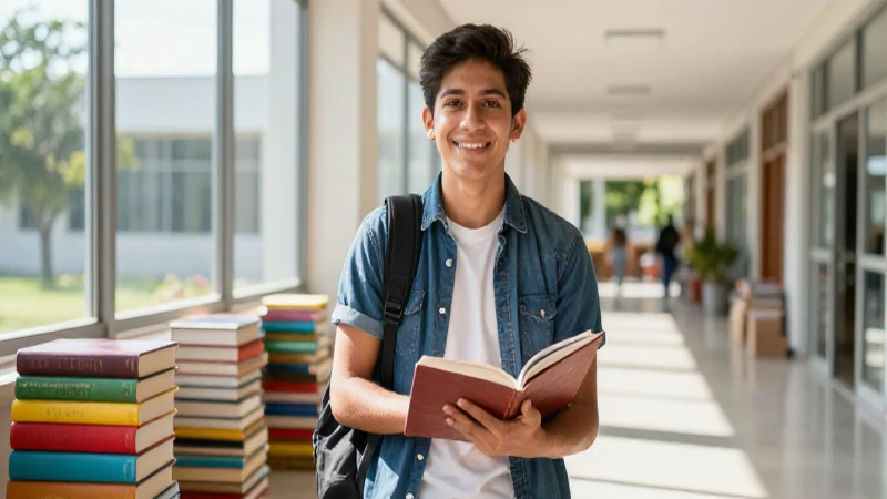 Estudiante sonriente en pasillo universitario iluminado