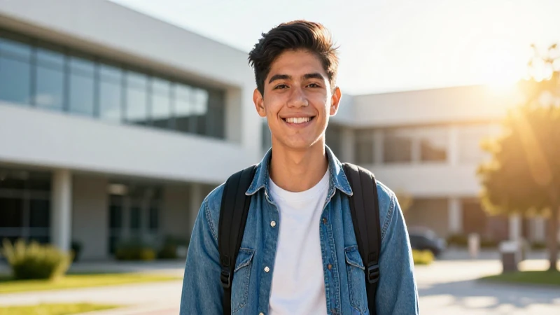 Joven mexicano sonríe confiado en campus moderno