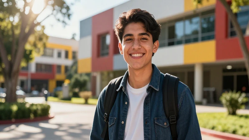 Joven mexicano sonríe en campus moderno