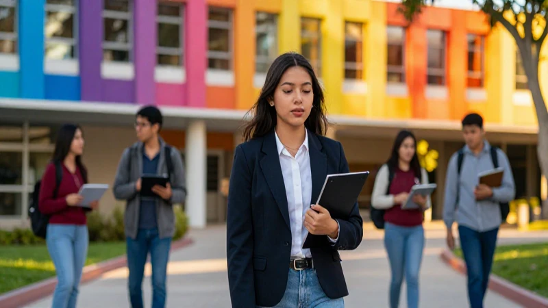Joven mexicano vibrante en campus moderno