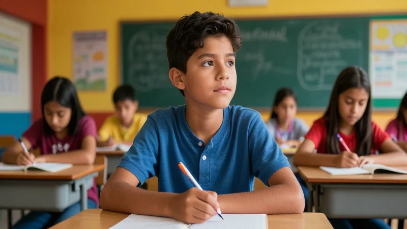 Joven mexicano determinado en aula moderna