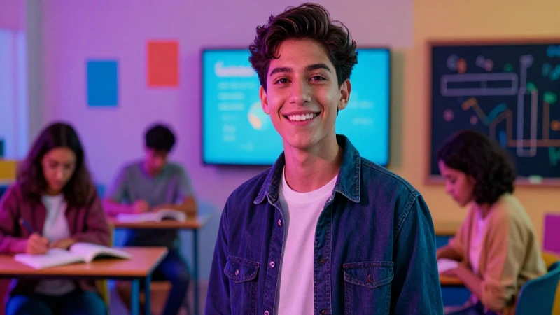Estudiante mexicano sonriente en aula moderna