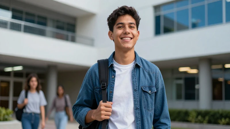 Joven estudiante mexicano sonriente en campus moderno