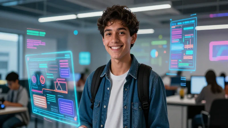 Cómo obtener una oficina virtual para jóvenes construyendo el futuro 3 Joven mexicano sonríe en entorno tecnológico