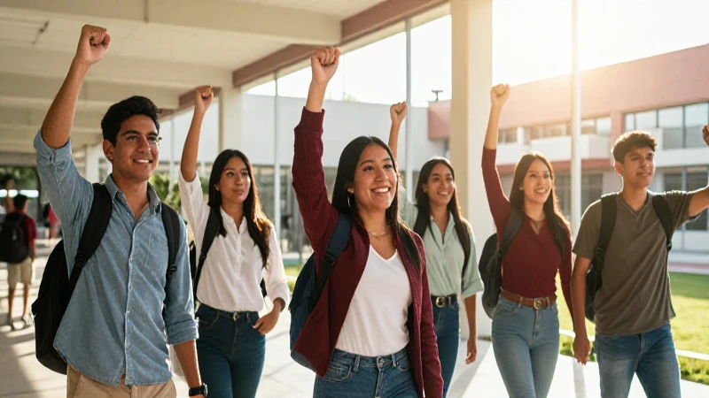 Estudiantes mexicanos celebrando éxito académico en un campus vibrante