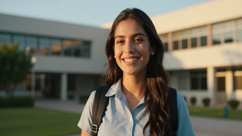 Estudiante mexicana sonriente en un campus moderno