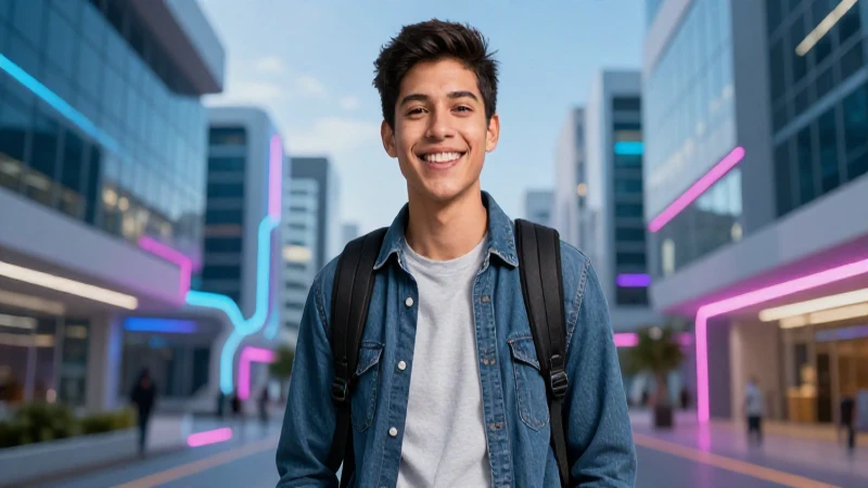 Estudiante mexicano dinámico en campus futurista moderno