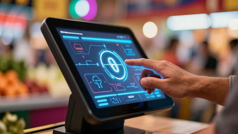Terminal POS moderna con vibrante fondo de mercado