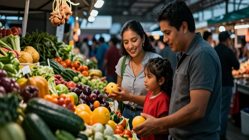 Familia mexicana feliz en mercado vibrante
