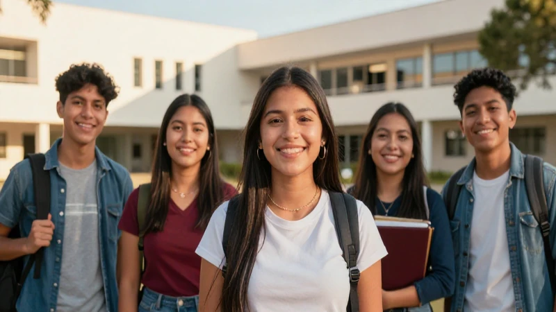 Estudiantes sonrientes en campus moderno bajo sol