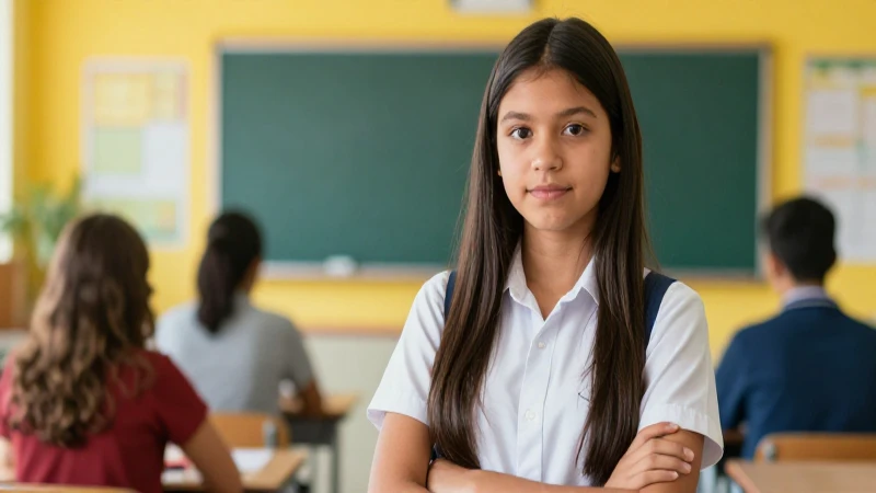 Estudiante mexicano sonríe en moderno aula escolar