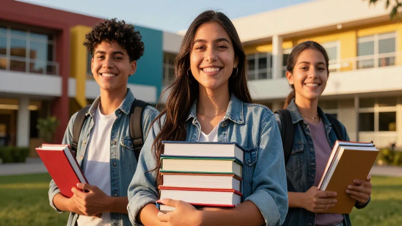 Estudiante sonriente con libros en campus moderno
