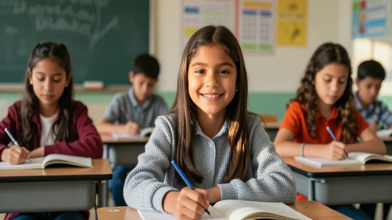 Estudiante mexicano sonriendo en aula luminosa