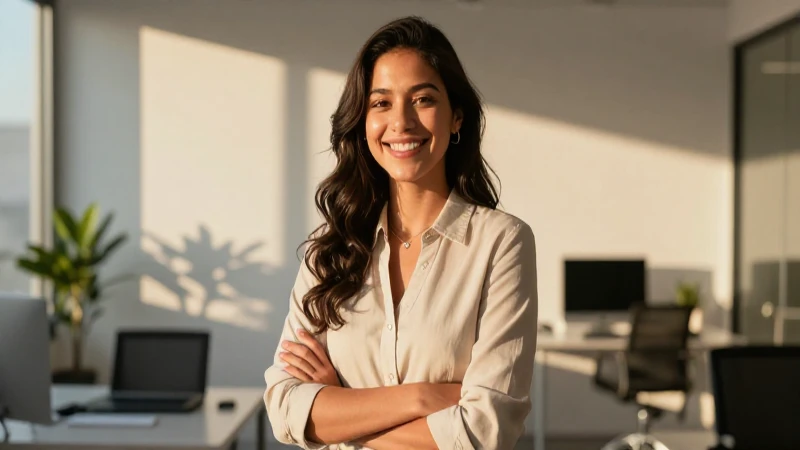 Joven profesional sonriente en oficina minimalista