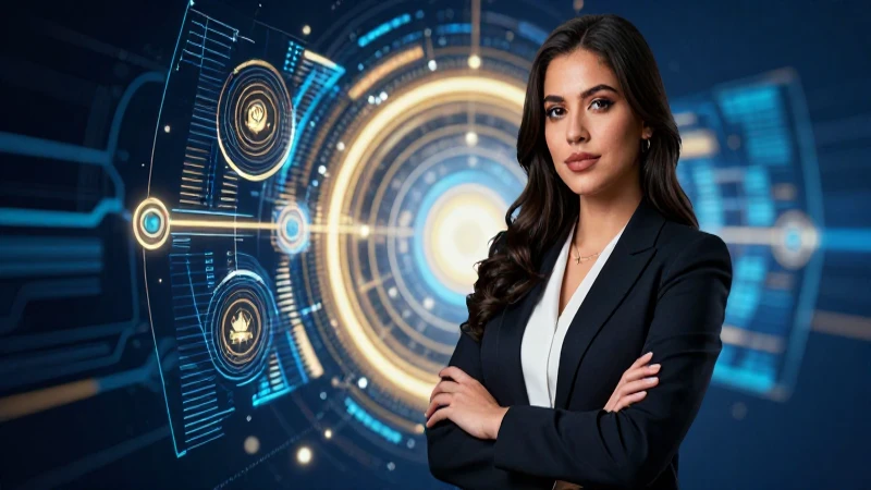 Profesional mexicano moderno frente a portal digital vibrante