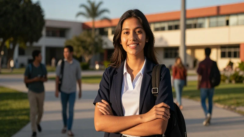 Joven estudiante mexicano exitoso en campus moderno