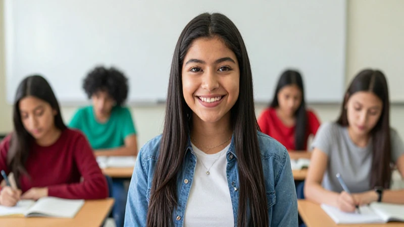 Estudiante mexicano alegre en aula moderna