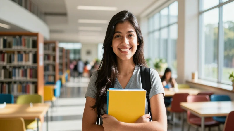 Estudiante mexicano sonriendo en biblioteca moderna
