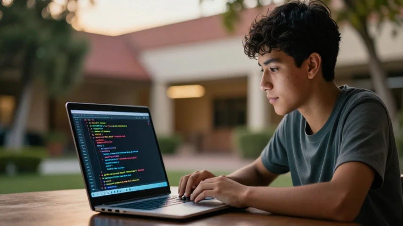 Estudiante mexicano frente a código brillante en campus