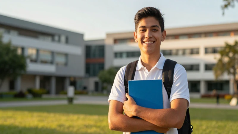 Estudiante mexicano sonriendo en un campus vibrante al atardecer